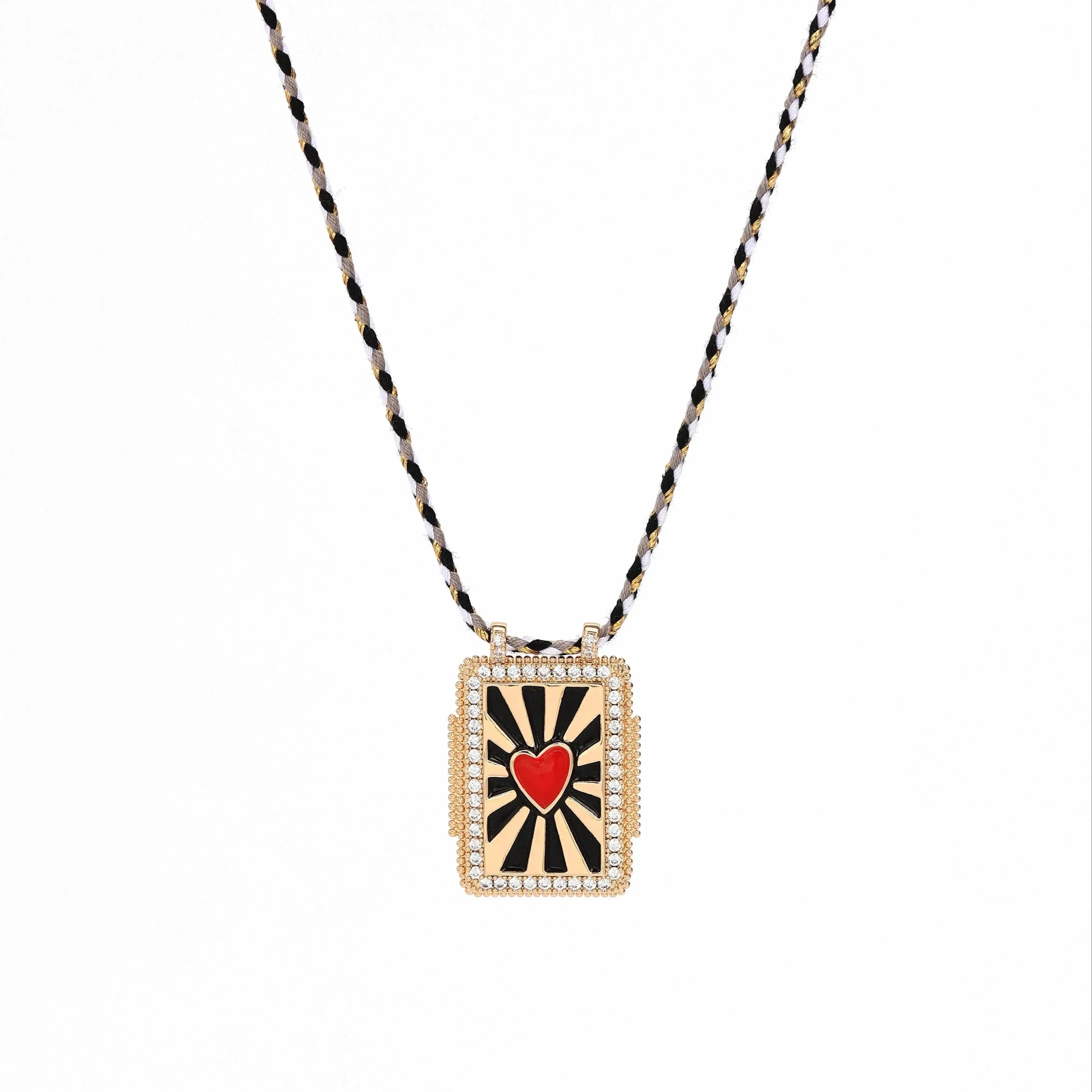 Collier médaille émaillée coeur rouge psychédélique cordon tressé zamac doré 45cm x1 (G10364-10)
