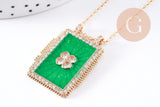 Collier médaille émaillée trèfle 4 feuilles zircons vert cordon tressé zamac doré 45cm x1 (G10364-12)