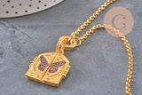 Collier pendentif locket papillon cuivre doré zircons , x1 (G11069)