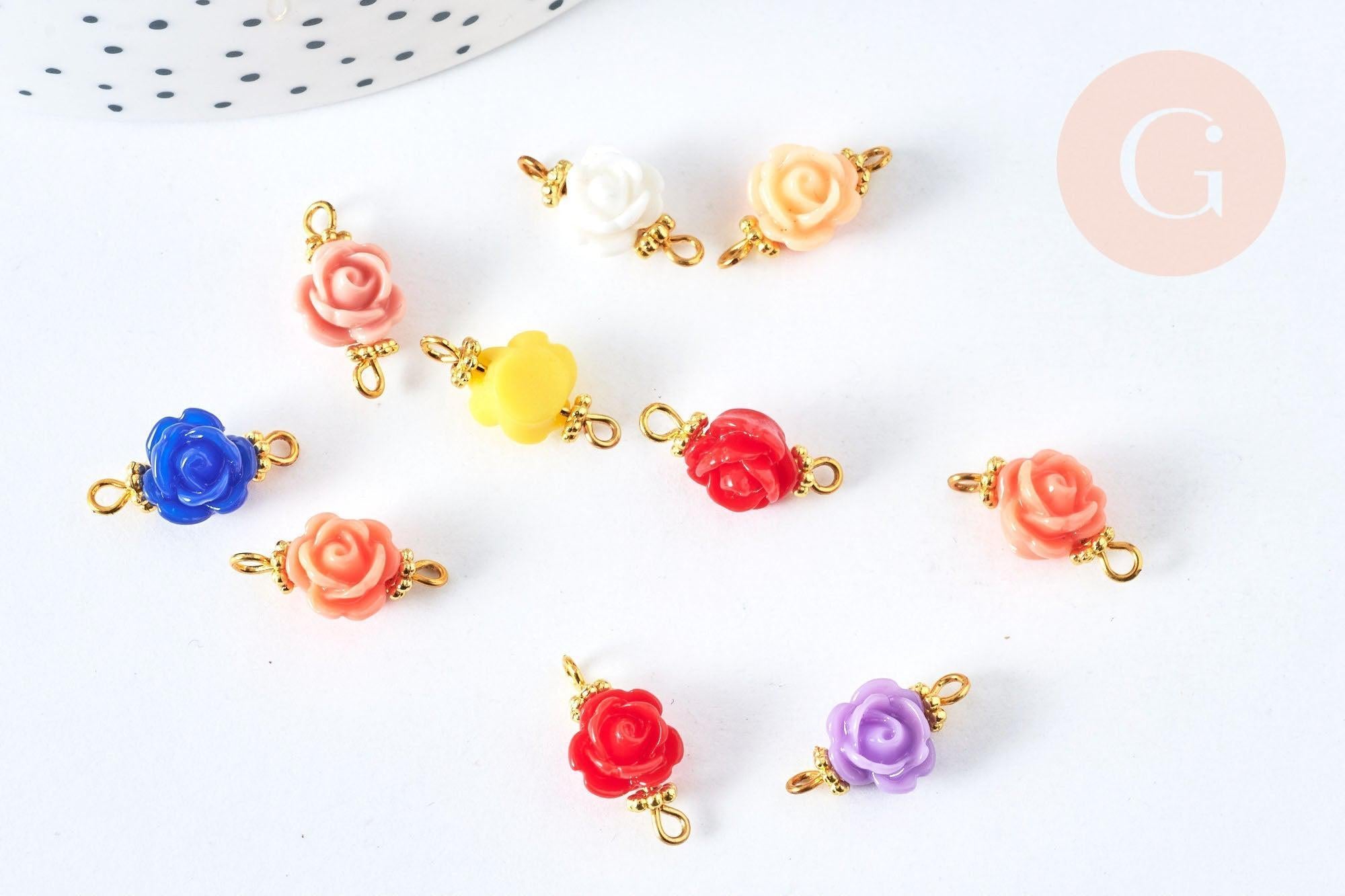 Connecteur fleur résine multicolore laiton doré 9mm, création de bijoux fantaisie, fleur résine époxy, X10 (G6941)