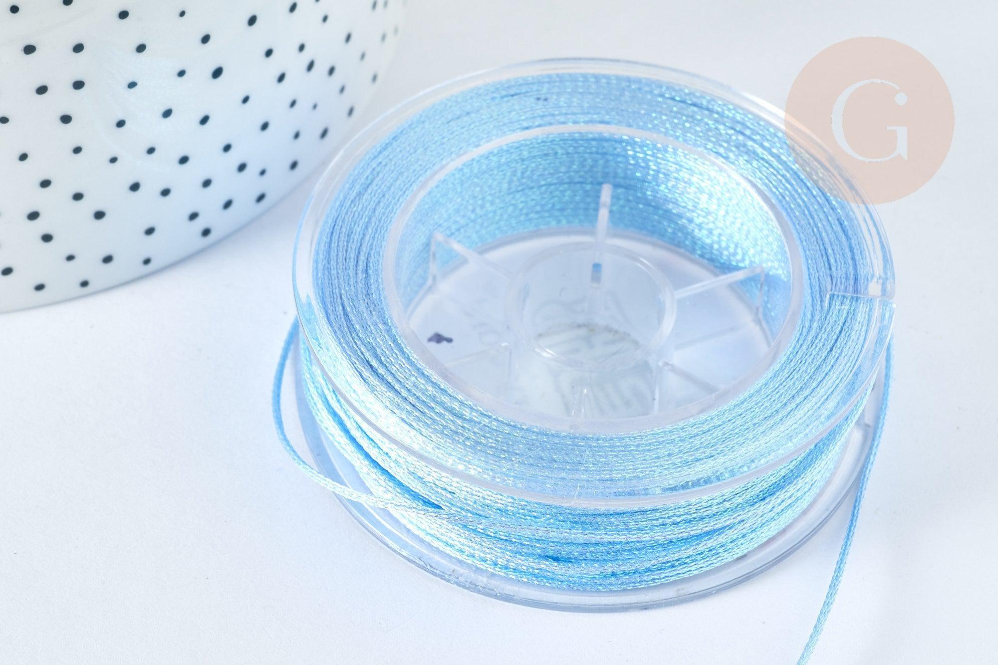 Cordon Métallique tressé bleu clair polyester 1mm, cordon pour bijoux, x 1Mètre (G7472)