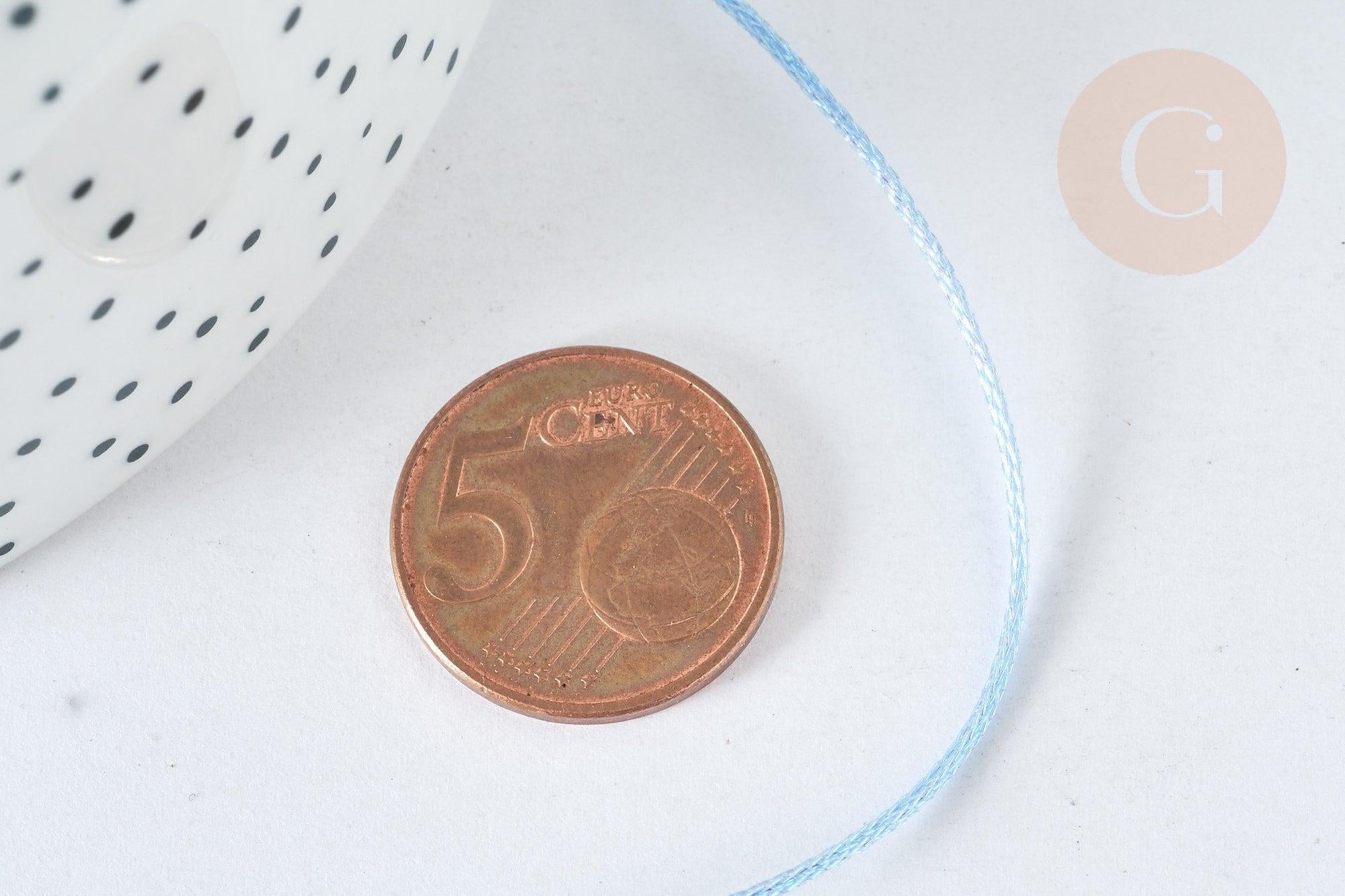 Cordon Métallique tressé bleu clair polyester 1mm, cordon pour bijoux, x 1Mètre (G7472)