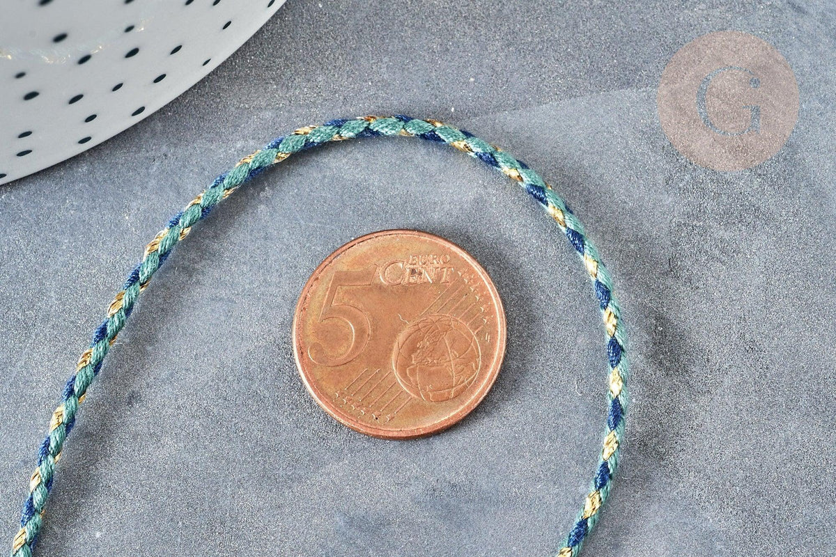 Cordon tressé bleu marine turquoise fil doré 1.5mm-2mm,cordon multicolore scrapbooking, x1 mètre G8122