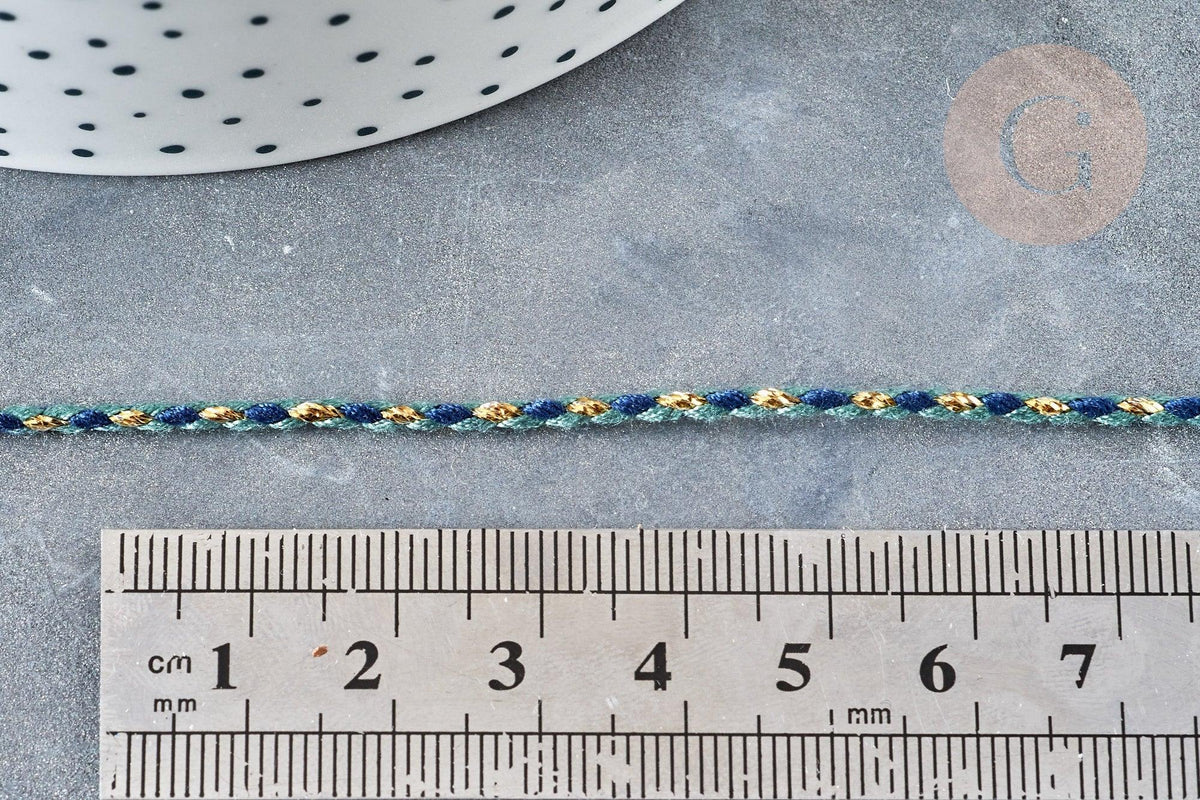 Cordon tressé bleu marine turquoise fil doré 1.5mm-2mm,cordon multicolore scrapbooking, x1 mètre G8122
