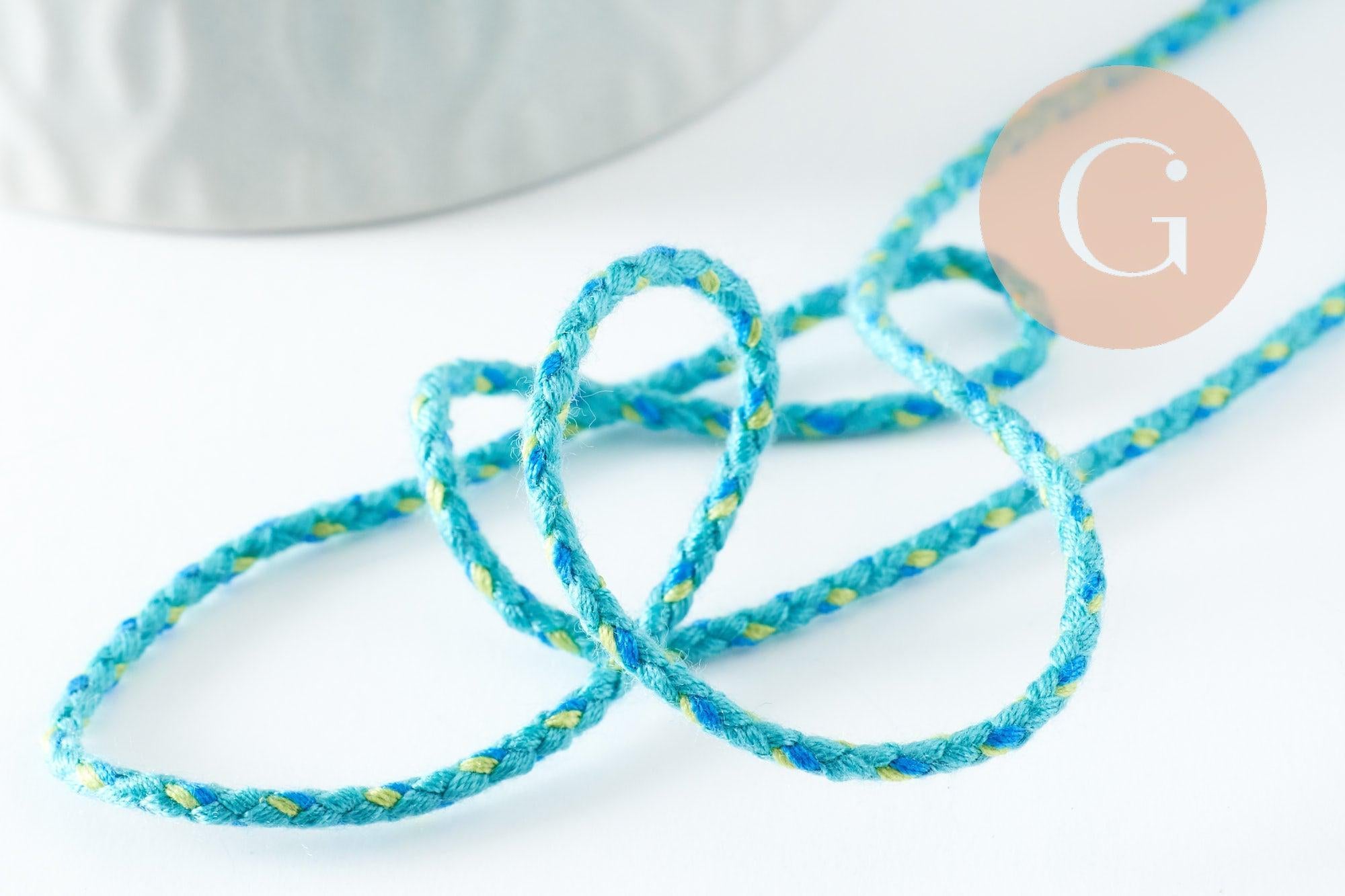 Cordon tressé turquoise et vert 2mm, cordon pour bijoux et scrapbooking, x 1 mètre (G9502)