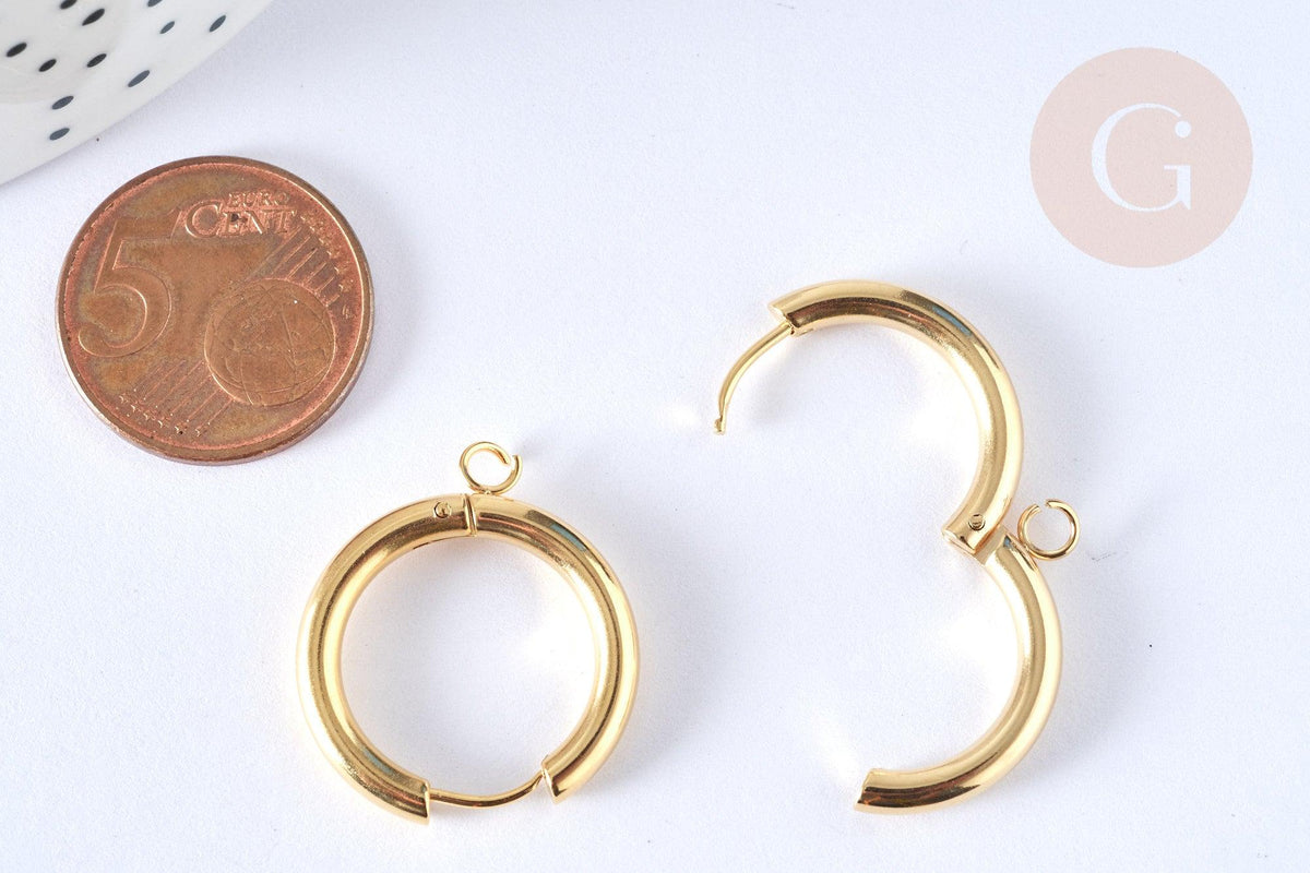 Boucles créole avec anneau dormeuse acier inoxydable doré 25mm, la paire (G7313)