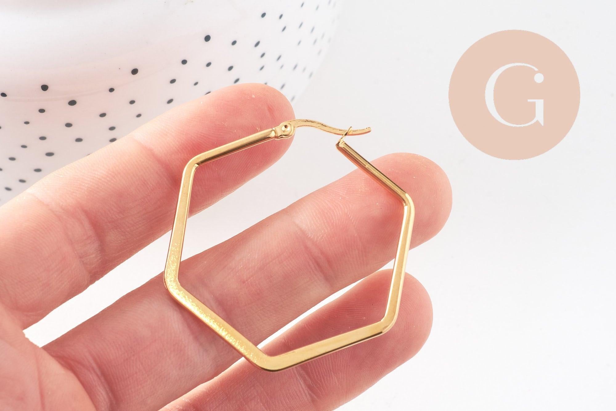 Créoles géométrique acier doré, boucles losange,sans nickel, boucles acier, 32mm la paire (G2297)
