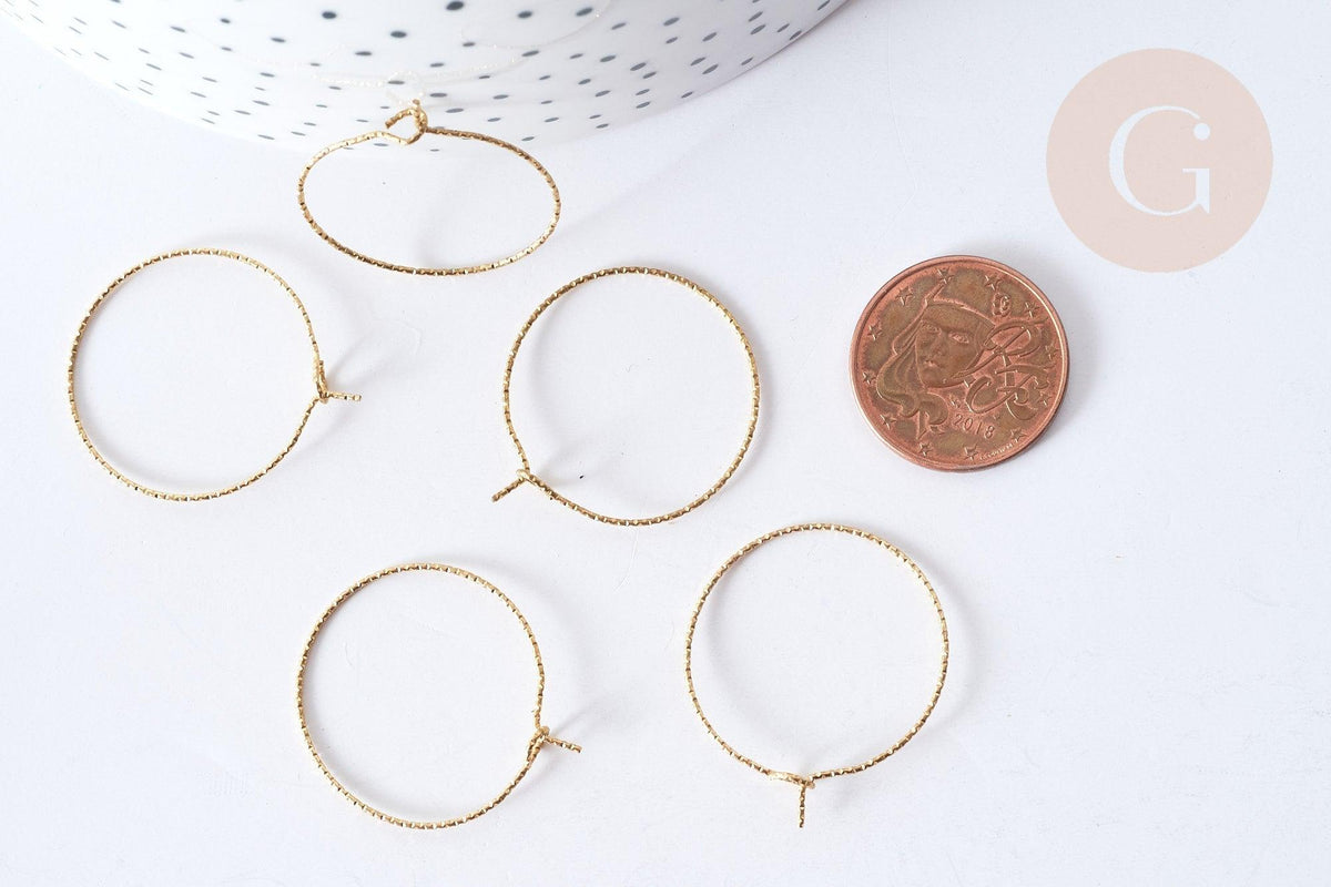 Anneau Créole striée acier 316 IP doré inoxydable piqués 29mm, création boucles d'oreille, x10 (G8011)