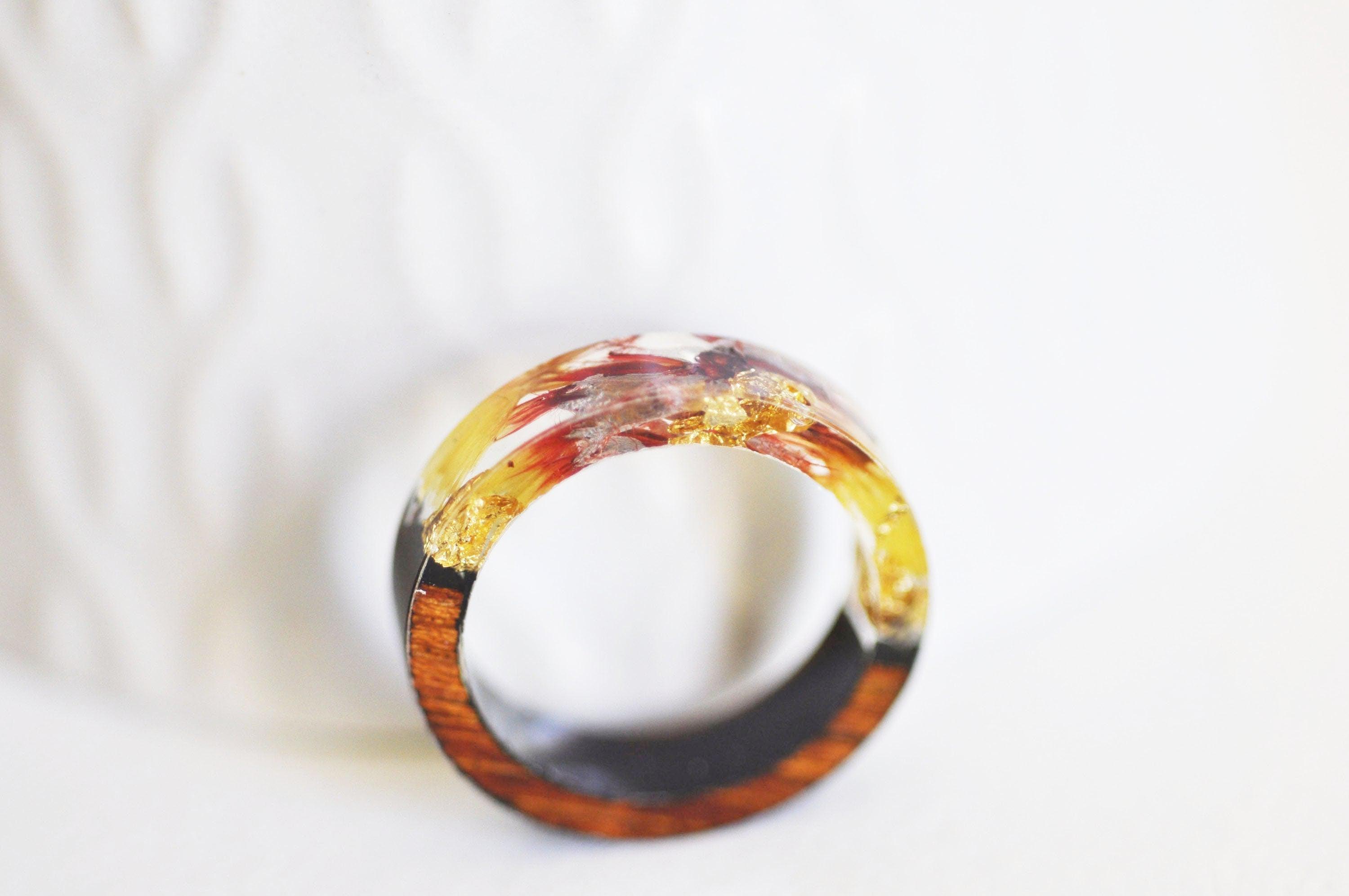 EP Bague ébène bois résine feuille d'or jaune 17.5mm, x1 (G1823)
