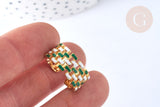 EP-Bague réglable maille croisée acier inoxydable doré émail blanc et vert Taille 54, x1 (G7001)
