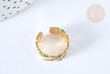 EP-Bague réglable maille croisée acier inoxydable doré émail blanc et vert Taille 54, x1 (G7001)