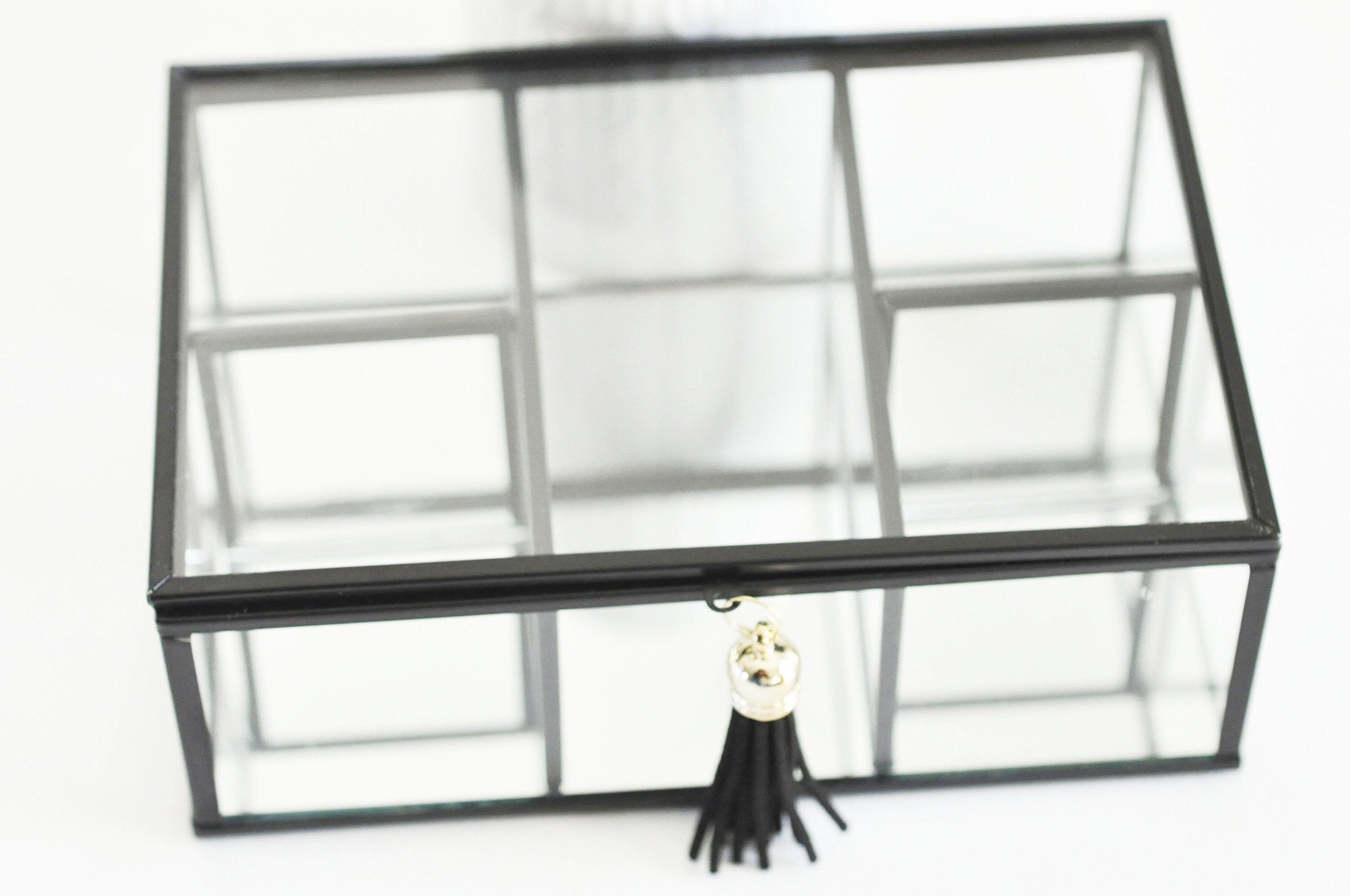 EP Boite à bijoux en verre métal noir rectangle,rangement bijoux, boite verre vintage décoration minimaliste, boîte verre, 18cm,G4886