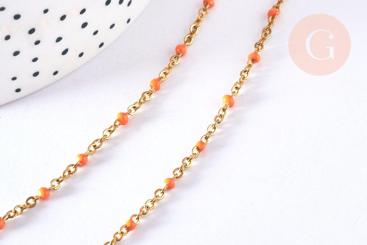Bracelet ou collier acier doré 14k résine orange 1.5mm-20.5cm, x1 (G3709)