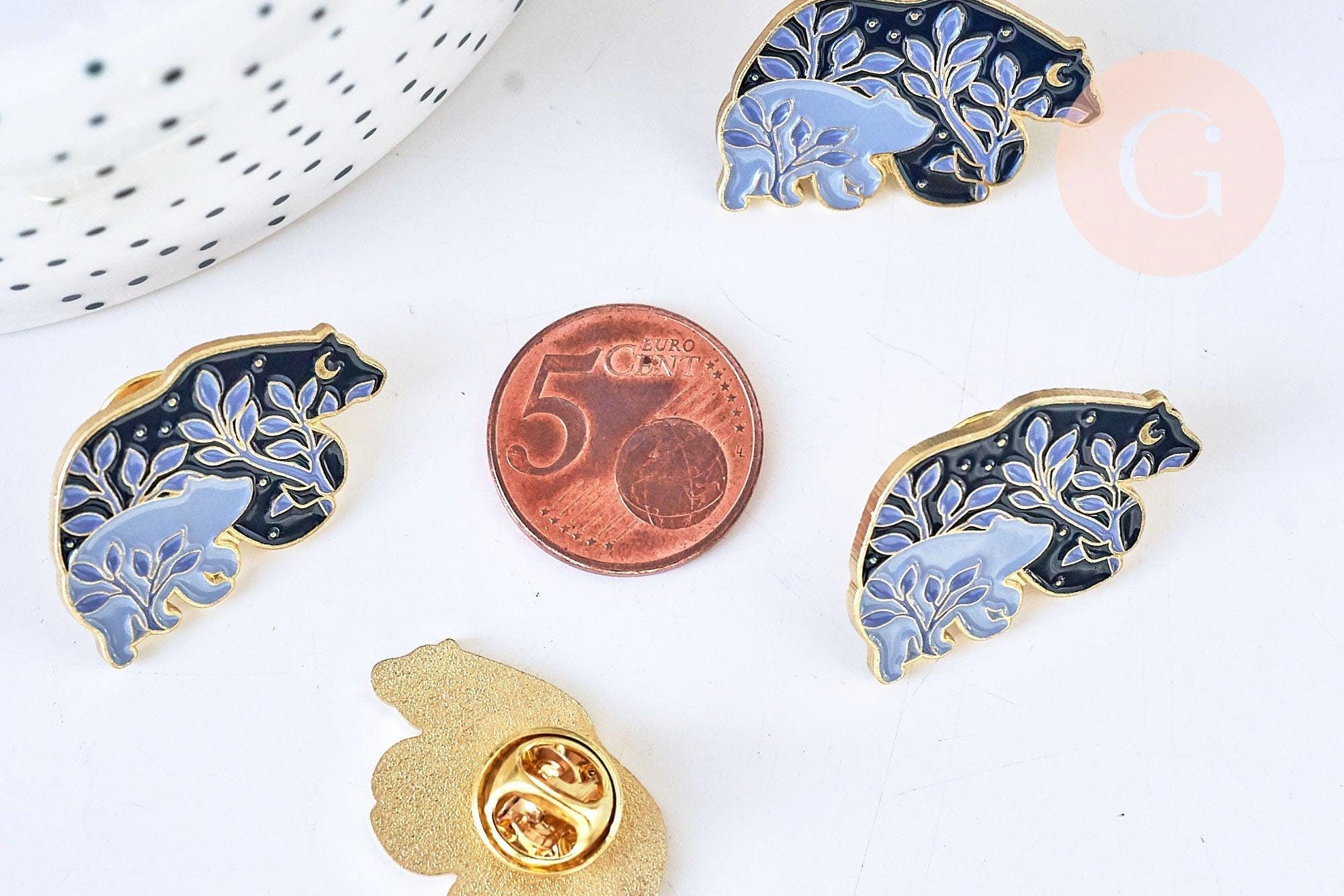 EP-Broche pins ours motif végétal doré émail noir violet 30x18mm, x1 G5537