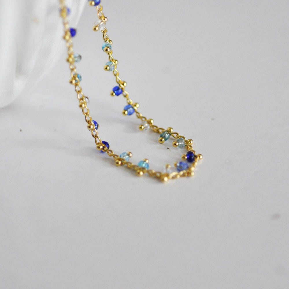 EP Chaine Dorée perles bleue 16K, chaine bijou, création bijoux, plaqué or,chaine perle dorée,chaine perles,2 mm, 1 metre-G629
