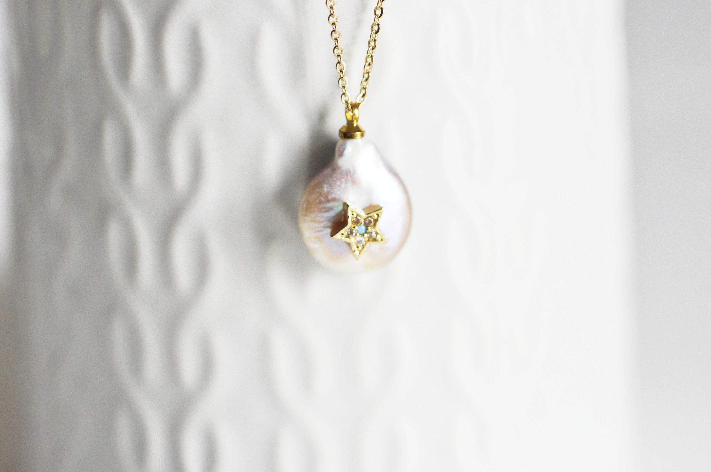 EP Collier chaine acier dorée 14k perle étoile, chaine fantaisie,collier sans nickel,perle naturelle, acier doré,chaine complète,2mm,42cm,G3421