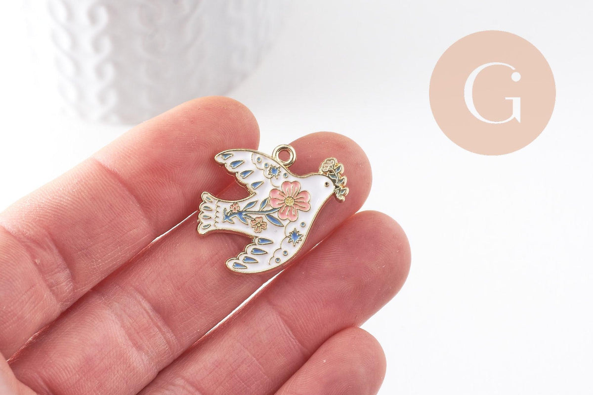 Pendentif Colombe blanc à fleurs zamac doré 26mm, x2 (G10041)
