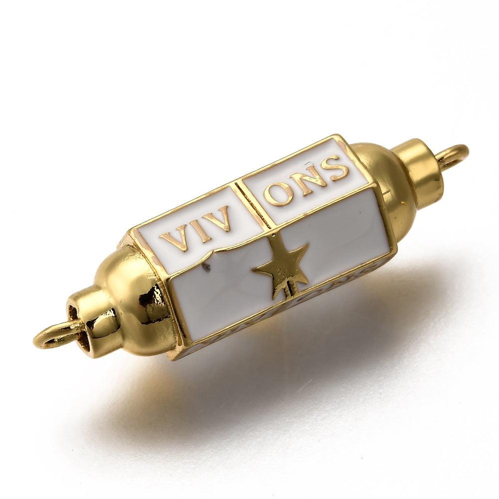 EP-Pendentif Connecteur tube talisman blanc doré 18K émaillé 34mm vivons, un connecteur laiton pour vos créations de bijoux bonheur, x1