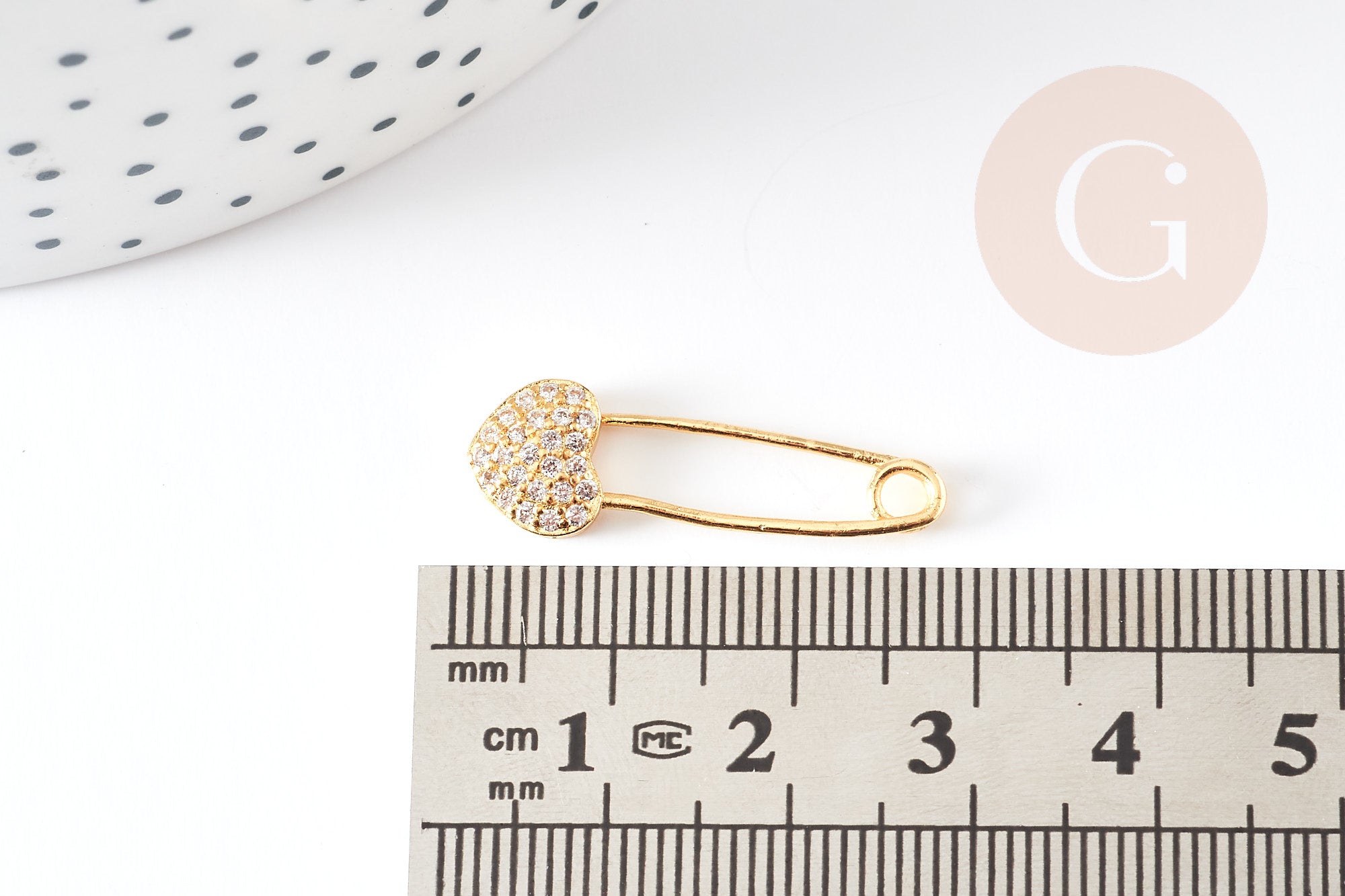 EP-Pendentif Epingle à nourrice coeur laiton doré 18k cristal 26.5mm,x1 (G3094)