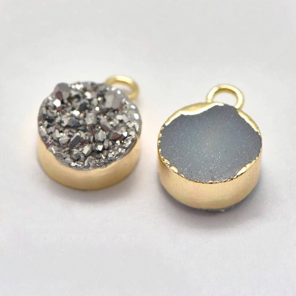 EP Pendentif agate druzy grise,fournitures créatives, agate naturelle,pendentif pierre, support doré, pierre naturelle,11mm