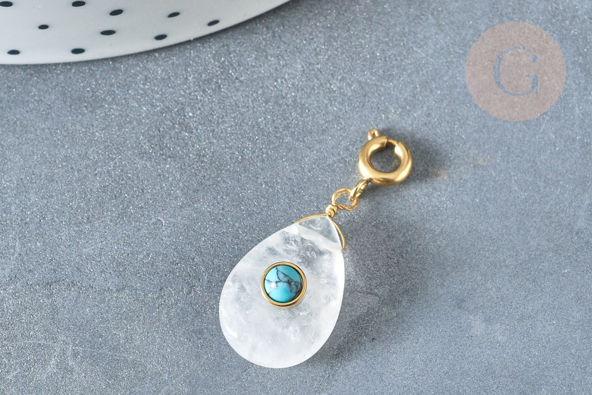 EP-Pendentif goutte amulette cristal de roche naturel acier inoxydable doré 30mm, x1 (G7631)