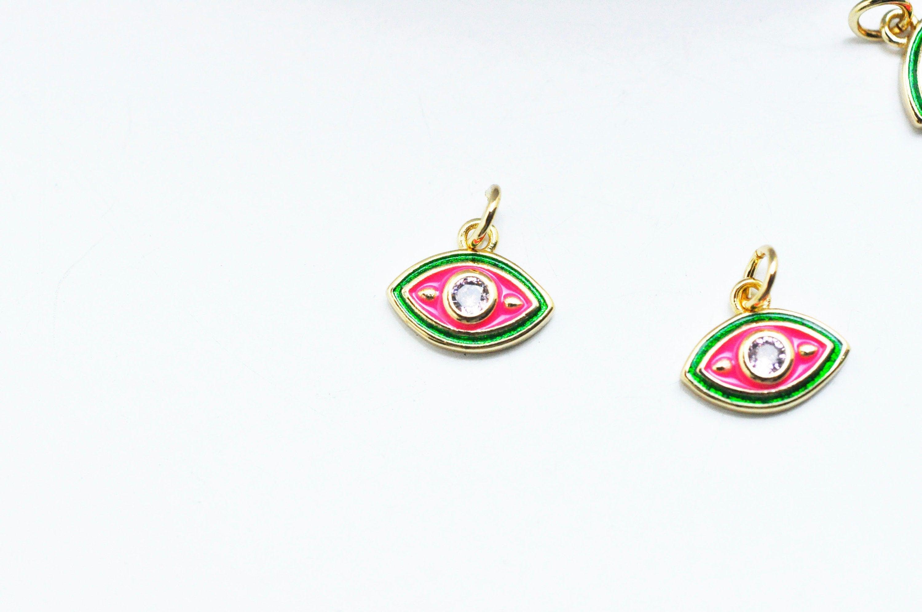 EP Pendentif petit oeil émail vert & rouge zircon doré 18K 13mm, x1 G5018