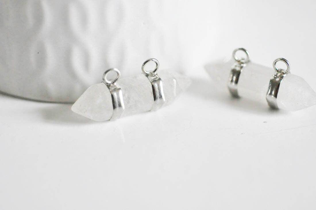 EP Pendentif pointe cristal argent double, pendentif pierre, support argenté, création bijoux, pierre naturelle, 32mm-G2303