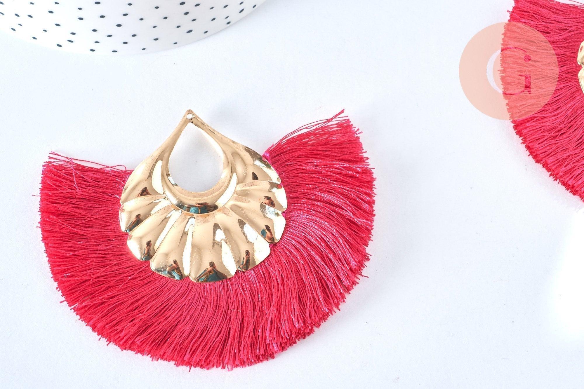 EP Pendentifs larges pompons fil fuchsia support doré 85-92mm x2 ( G6837)