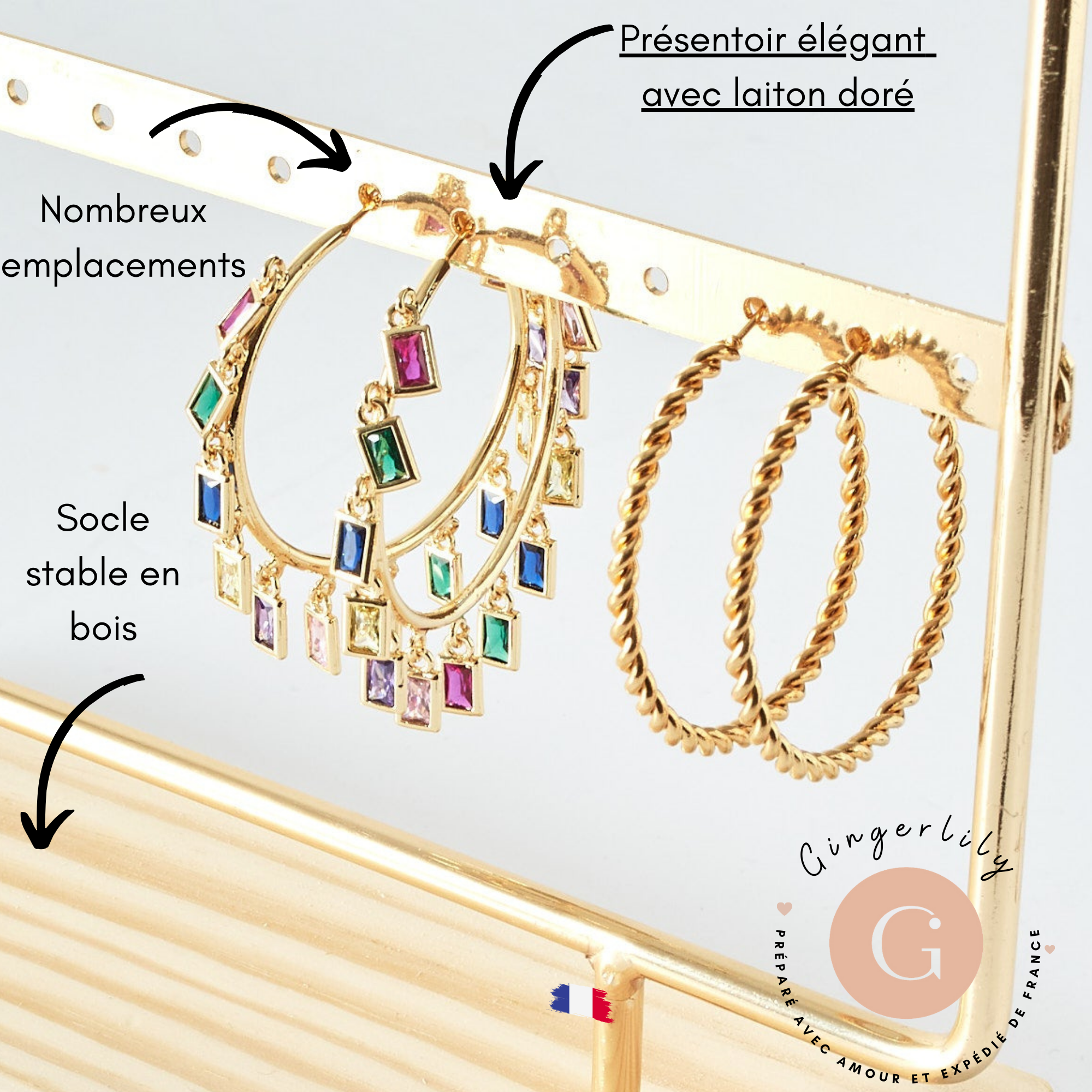 EP Présentoir à bijoux boucles d'oreilles laiton doré socle bois 20.7cm 2 rangées, x1 G8377