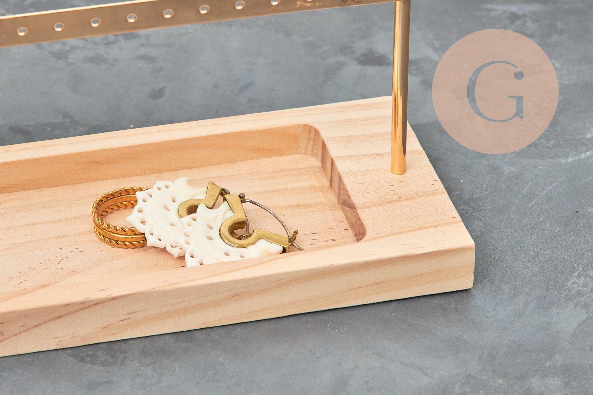 Présentoir à bijoux boucles d'oreilles laiton doré socle bois 30cm, x1 (G9451)
