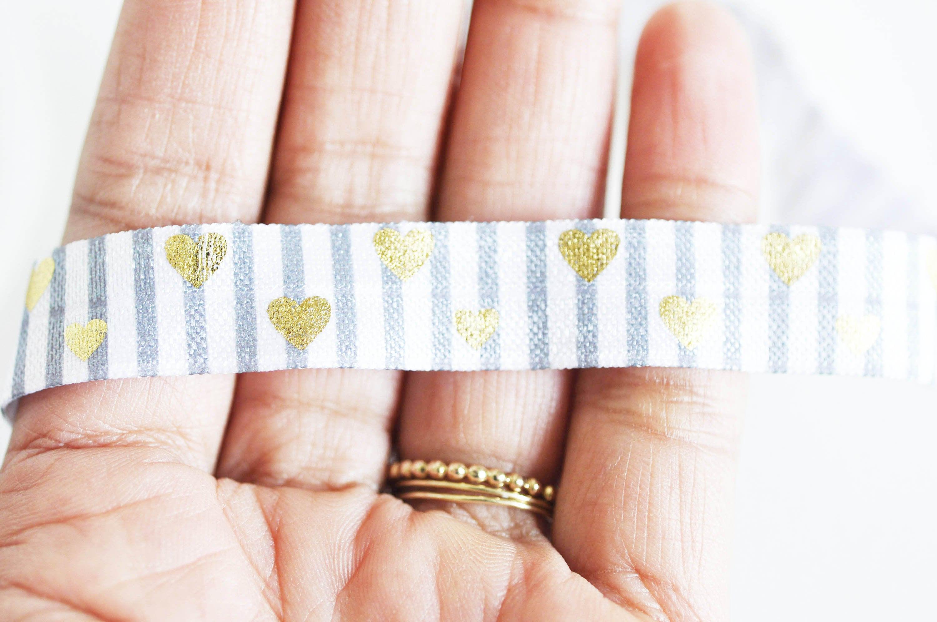 EP Ruban élastique rayé gris coeur or EFJF, fabrication bijoux, bracelet EVJF,ruban mariage,fourniture créative,scrapbooking,16mm,1 mètre-G1582