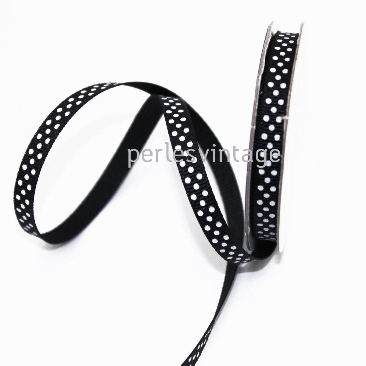 EP -Ruban gros grain polka noir, fabrication bijoux, ruban pois blancs,ruban mariage,fourniture créative, largeur 1cm, longueur 1 mètre-G0784