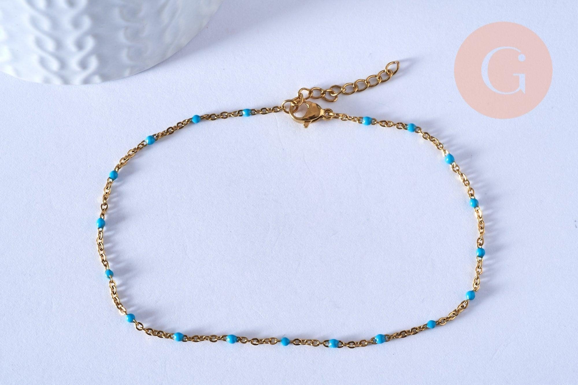 EP-chaine de cheville acier doré 14k résine bleu clair chaine dorée 1.5-2mm/23cm, x1 (G3660)
