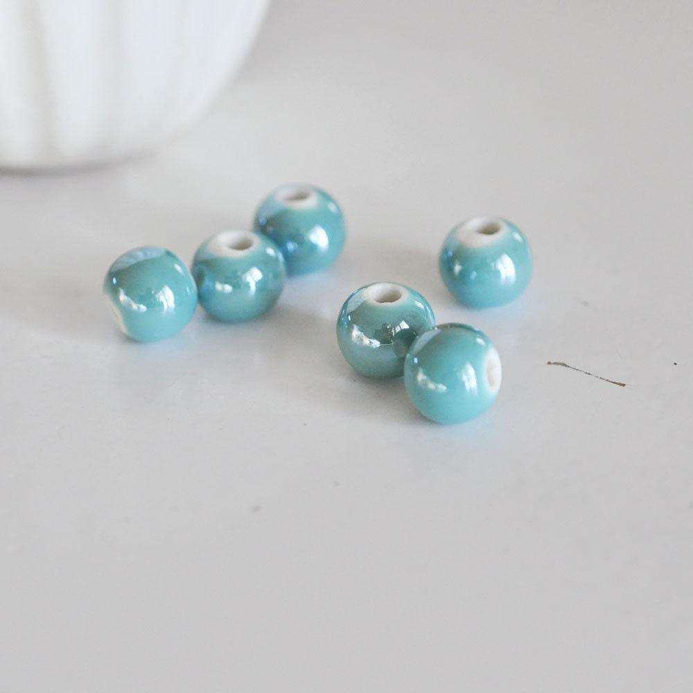EP perle ronde porcelaine turquoise irisé,perle céramique,porcelaine turquoise,bijou porcelaine perle ronde, Les 5, 1cm-G528