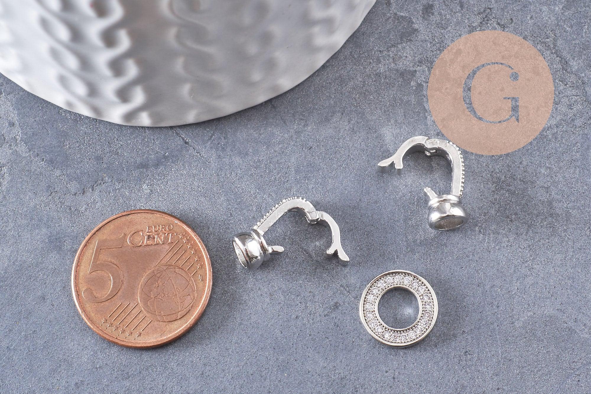 Fermoir à clipser anneaux laiton platine et strass 27mm, x1 (G5316)
