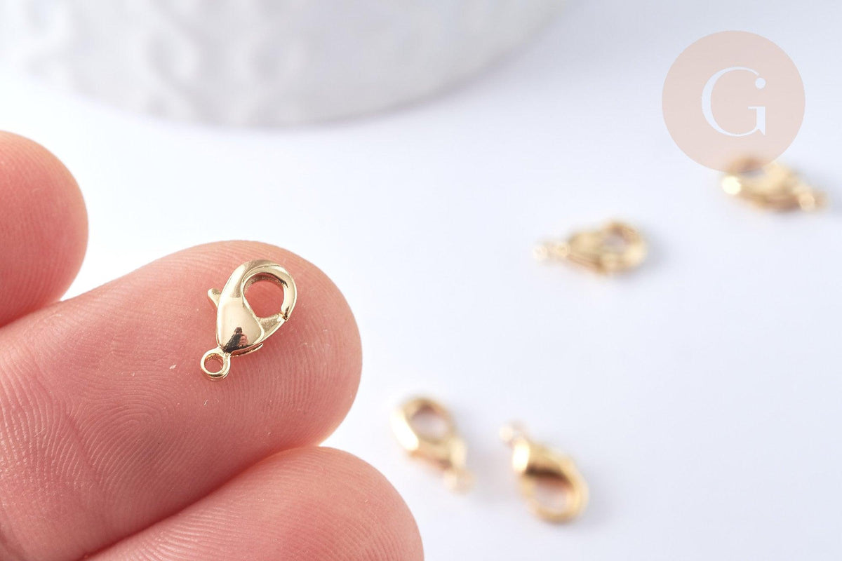 Fermoirs mousquetons laiton doré 18k 9mm pince homard, x10 (G1318)