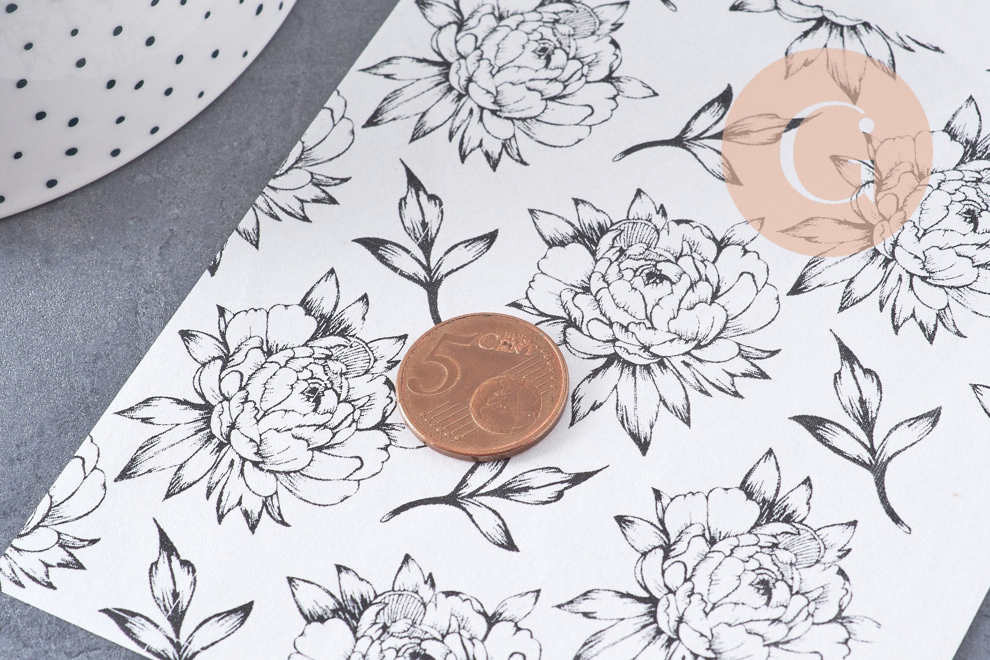 Feuille de transfert polymère – Pivoines Noir & blanc 14x10 cm, x1 (G10762)