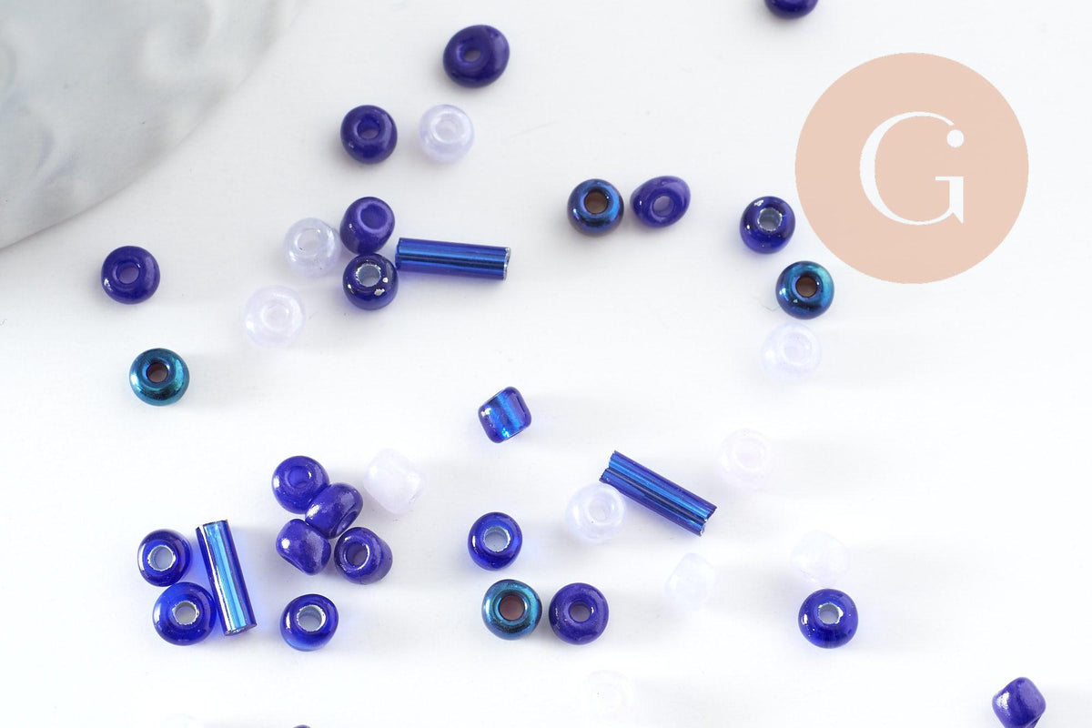 Mélange perles rocaille camaïeu bleu, perles pour création bijoux x 10gr (G9509)