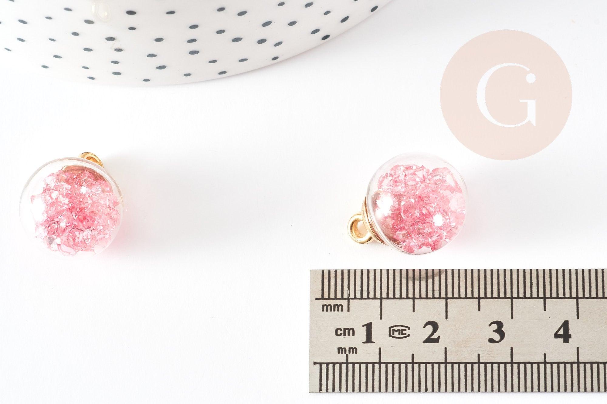 Pendentif Bulle globe verre chips rose et CCB doré 20mm, création bijoux original DIY, x1 (G9129)