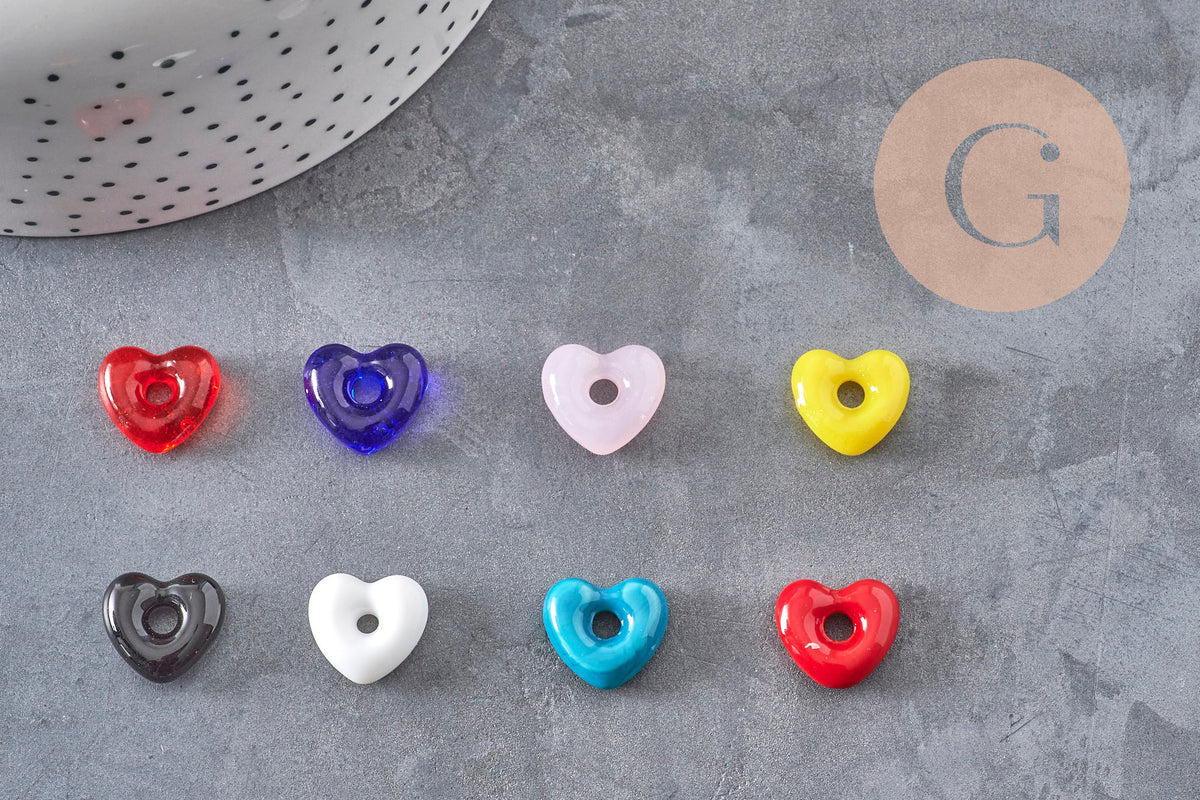 Pendentif Cœur verre artisanal coloré avec trou 14x15mm, x1 (G11039)