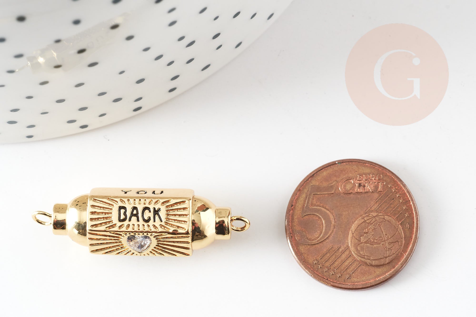 Pendentif Connecteur tube talisman zircon blanc laiton doré 18K 34mm YOU BACK, créations bijoux bonheur, x1 G9330