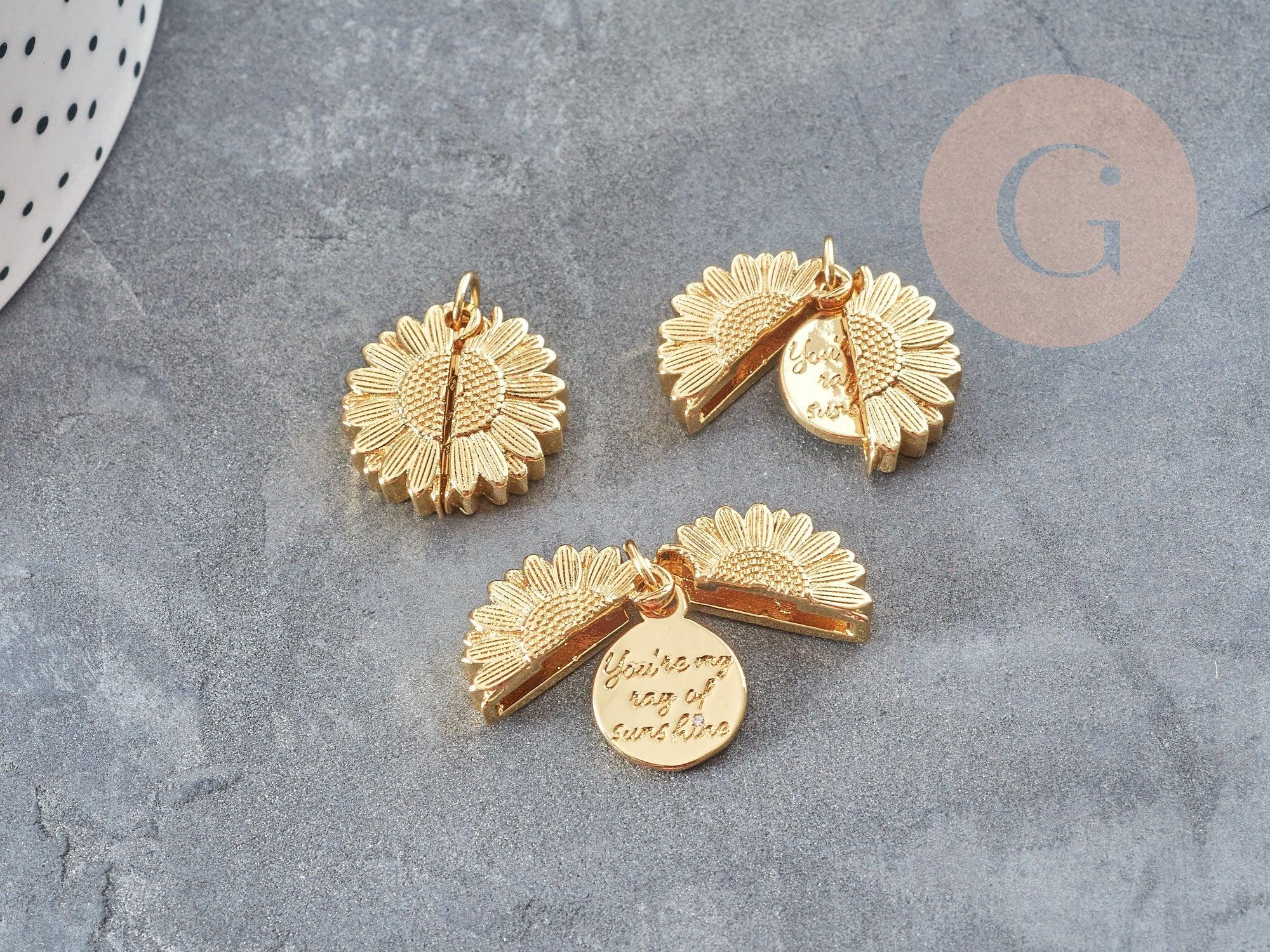 Pendentif Fleur Tournesol à message qui s'ouvre laiton doré 18mm, bijoux original DIY, x1 G9055