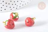 Pendentif Fraise porcelaine et laiton doré rouge 18~20mm, pendentif fruit , x1 (G7450)