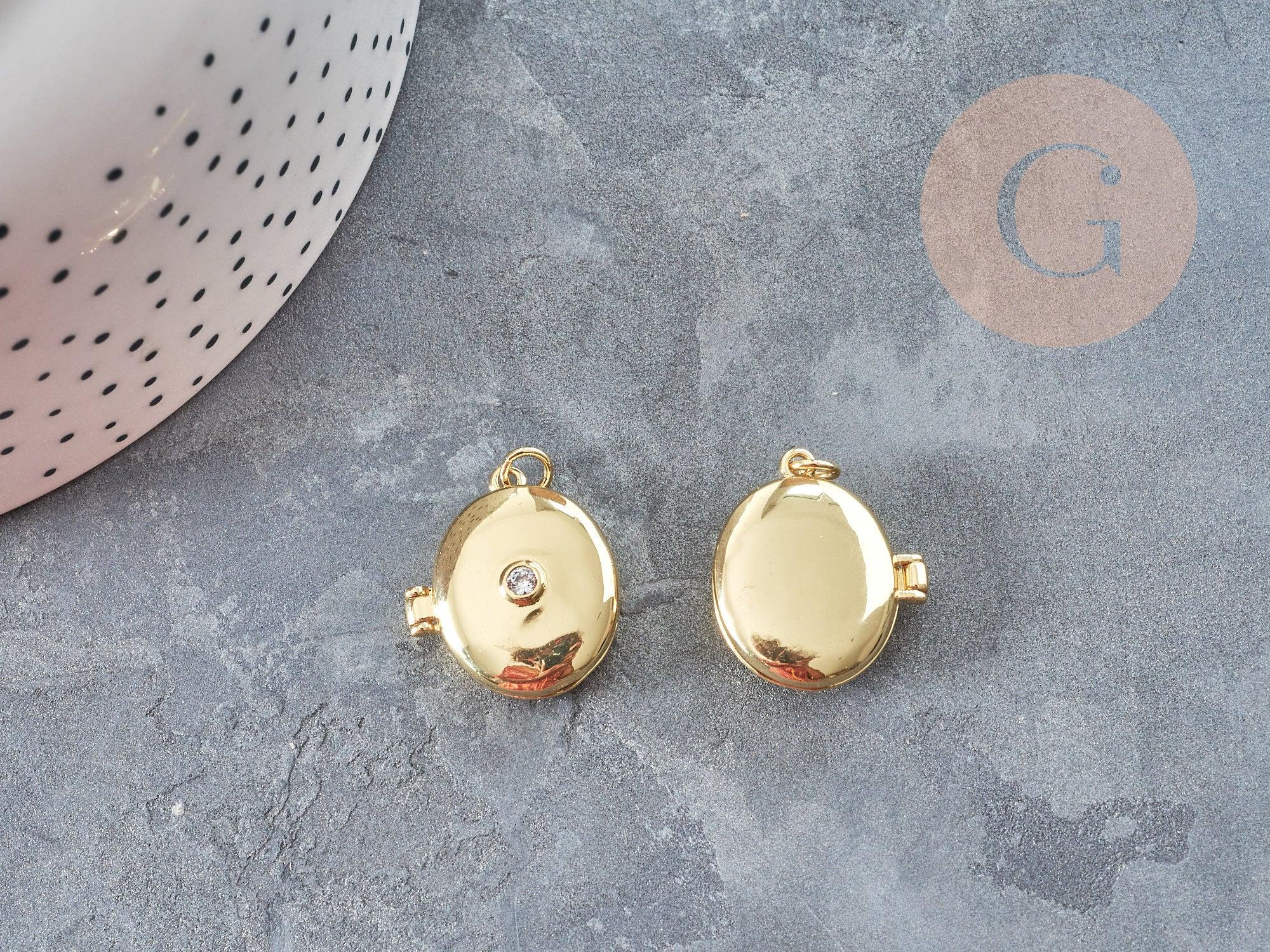 Pendentif Locket Médaillon ovale laiton doré 18K zircon 22x19.5mm, x1 (G9046)