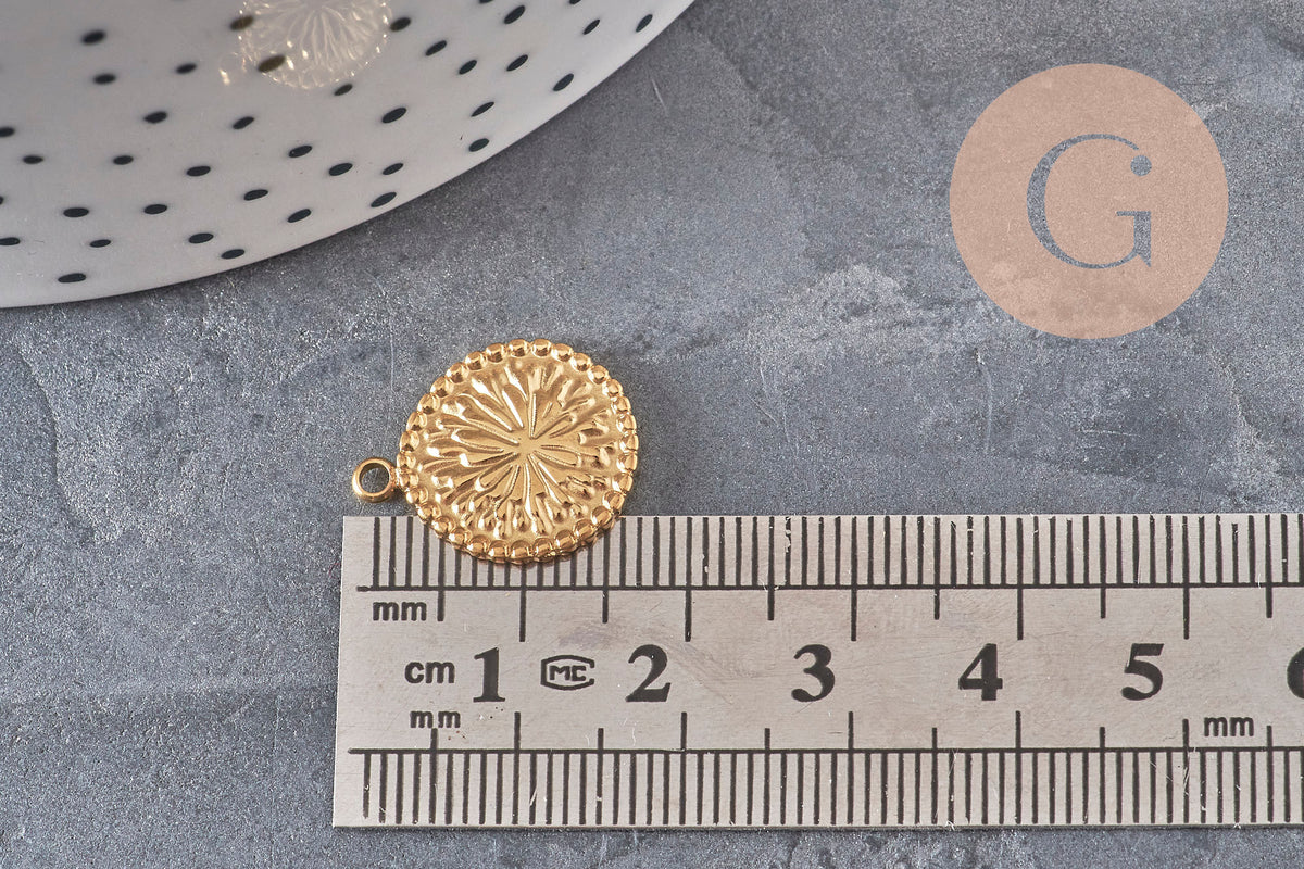 Flower medal pendant, IP gold plated 304 stainless steel 18.5mm, x1