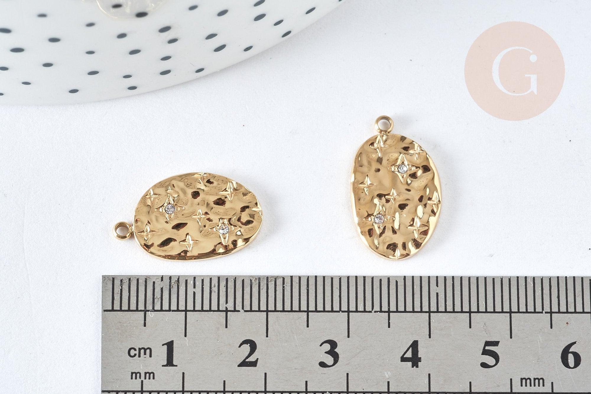 Pendentif Ovale étoilé cristal blanc acier inoxydable 304 doré à graver 19mm, x1 (G7497)