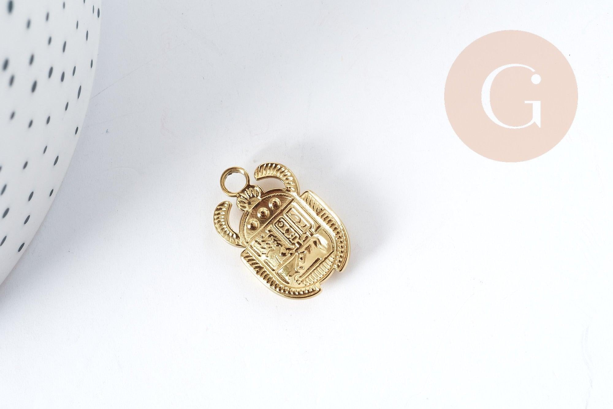 Pendentif Scarabée Egyptien acier 304 inoxydable doré IP 20.5mm, x1 (G8995)