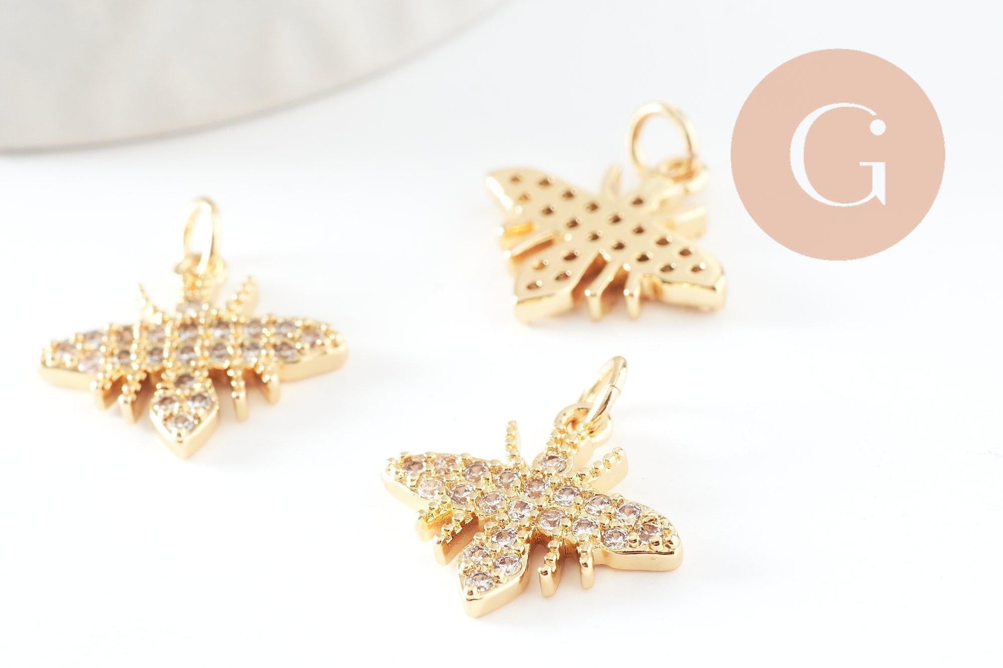 Pendentif abeille laiton doré zircons, fournitures pour bijoux, bijou laiton,pendentif laiton brut,17mm, x1 (G3332)