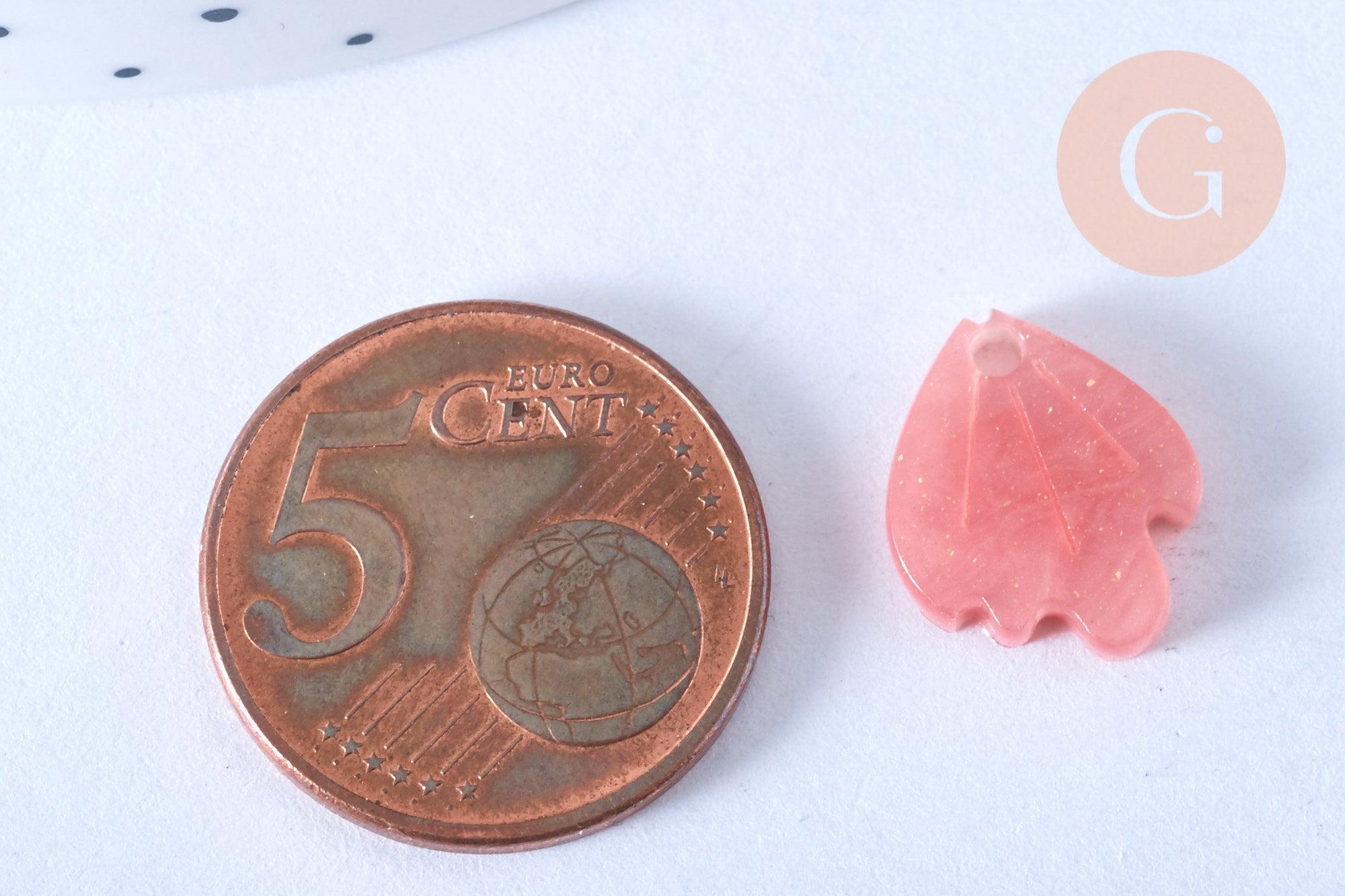 Pendentif acétate feuille rose paillettes, perles plastique,connecteur feuille plastique 15mm x10 (G4015)
