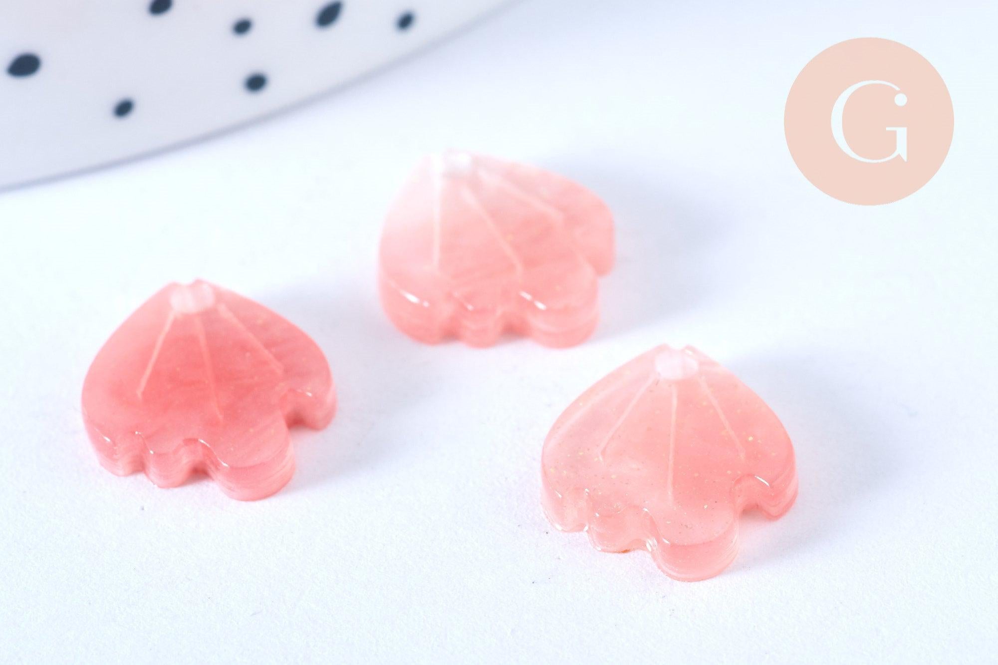 Pendentif acétate feuille rose paillettes, perles plastique,connecteur feuille plastique 15mm x10 (G4015)